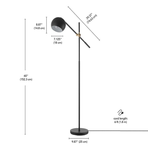 60-Inch Floor Lamp With Matte Black Finish, Brass Pivot, Metal Shade, Inline On Off Foot Switch, Adjustable Arm, 6 Foot Cord