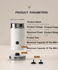 Image showing details of the Fully Automatic Milk Frother For Hot Or Cold Foam with electric specifications and components.