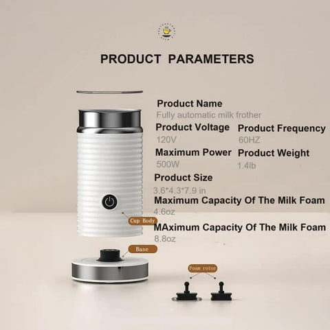 Image showing details of the Fully Automatic Milk Frother For Hot Or Cold Foam with electric specifications and components.