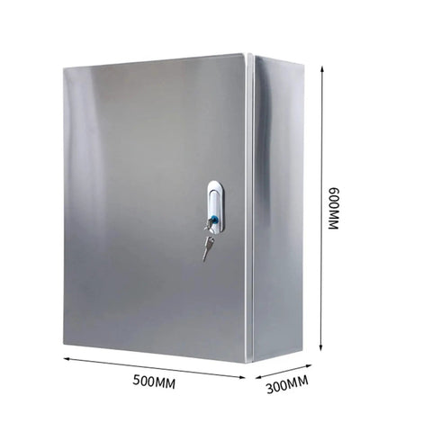 Heavy Duty Stainless Steel Weatherproof Junction Box For Solar PV And Power Distribution, 304 Enclosure, Universal Metal Project Box, Rust Resistant And Durable, Ideal For Control Panels, 600 X 500 X 300 Mm, front view with lock
