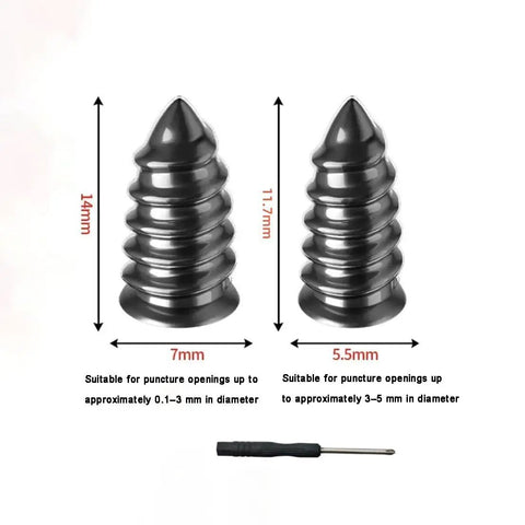 Top Tier Tire Repair Plugs Flat Tire Rescue Kit 100 Piece, rubber plugs for puncture repair, shown with size dimensions.