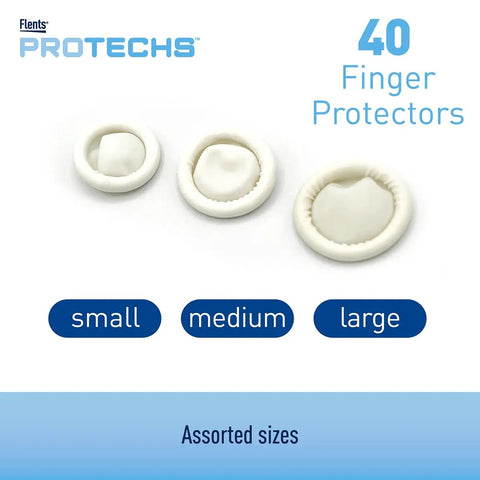 Three assorted sizes of finger protectors for first aid, durable latex shields to guard blisters, scrapes, burns, and cuts.