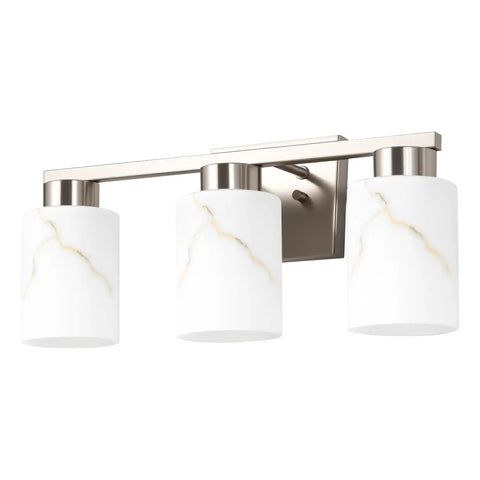 Heavy Duty 3 Light Bathroom Vanity Lights Brushed Nickel Wall Sconce with white marble glass shades and solid aluminum frame.