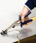 Person using Heavy Duty Sheet Metal Nibbler Cutter For Up To 22 Gauge Stainless And 18 Gauge Steel With Built In Waste Curl Cutter.