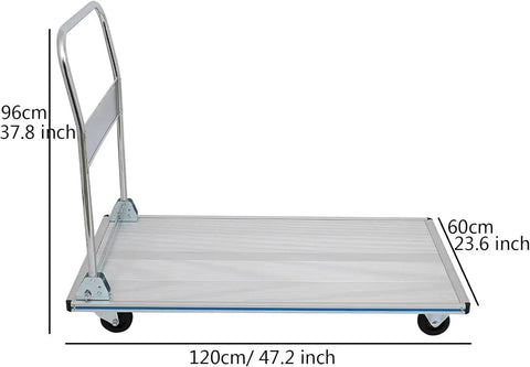Heavy Duty Folding Platform Truck Aluminum Hand Trolley 770 Lb Capacity With Extendable Handle And Dual Swivel Wheels shown with measurements.
