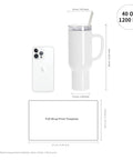 8 Pack 40 Oz Sublimation Tumbler With Handle Straw And Lid White Double Wall Stainless Steel Cups For Heat Press And Sublimation Oven Printing, Leakproof Design, Great For Custom Designs, shown with dimensions and smartphone for size comparison