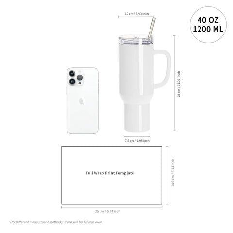 8 Pack 40 Oz Sublimation Tumbler With Handle Straw And Lid White Double Wall Stainless Steel Cups For Heat Press And Sublimation Oven Printing, Leakproof Design, Great For Custom Designs, shown with dimensions and smartphone for size comparison