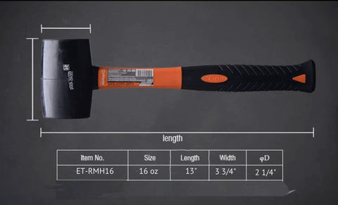 16 Oz Rubber Mallet Hammer With Fiberglass Handle And Shock Absorption Soft Blow Hammer For Flooring Tent Stakes Woodworking Camping And DIY Projects Ergonomic Non Slip Grip with measurement details
