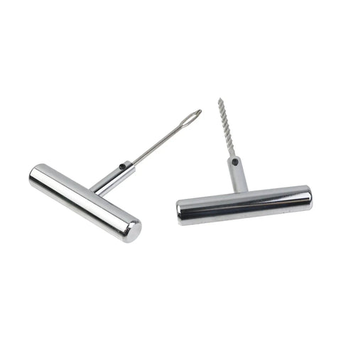 Heavy Duty Tire Repair Kit Featuring Ergonomic T Handle Puncture Patching Tool For Cars Trucks Motorcycles And Bicycles, stainless steel puncture tool.