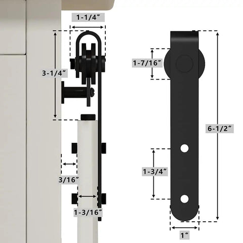 Diagram of Ultra Compact 2ft Sliding Barn Door Hardware Kit with measurements, featuring black powder-coated rail and rollers.