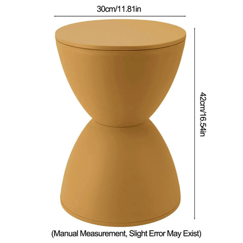 Totally Legit Go To Upgrade Your Living Room Featuring This Premium Hourglass Side Table Doubling As A Round Accent Stool Fully Versatile Dual Sided Plastic Design Built For Chill Vibes Makeup Sessions Or Casual Shoe Changing In Ginger. 11.81 inch diameter, 16.54 inch height.