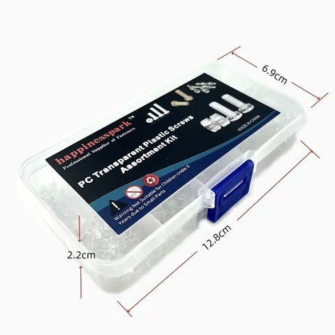 DIY Ready Transparent Polycarbonate Phillips Pan Head Screw Kit, 500 Pcs, M2 To M2.6, in clear storage case.
