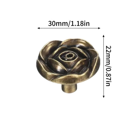 Antique Brass Rose Flower Cabinet Knob with bronze finish, 30mm height and 22mm diameter, from 4 Pack for dresser vanity cupboard.