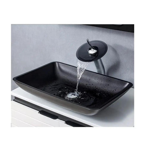 Top Tier Slick Black Rectangular Vessel Sink Built From Heavy Duty Tempered Glass With Smooth Swivel Faucet And Clean Countertop Style For Quick Bathroom Refresh Upgrades with running water.