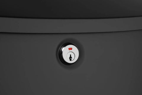 Close-up of lock on a Locking Wall Mounted Mailbox for Outdoor Use in Black, Tough as Nails Heavy Duty Galvanized Steel, Weatherproof and Rust Resistant.