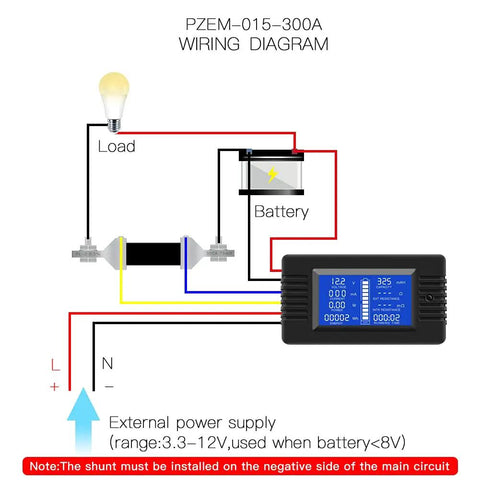 Wiring diagram for Battery Monitor Meter With 0 To 200V 0 To 300A Range For Solar RV And Car Nine In One Digital LCD Multimeter