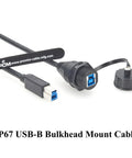IP67 Waterproof USB 3.0 Type B Bulkhead Panel Mount Cable USB B Male To Female Extension Cable 5Gbps Built For Printers, PLCs, HMIs, CNCs, Industrial Cams And Machine Vision 0.3m, black panel-mount connector with cap