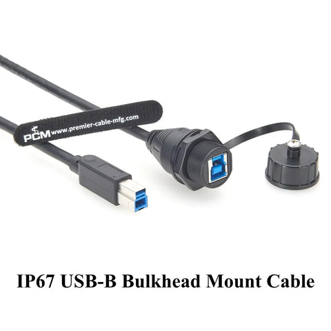IP67 Waterproof USB 3.0 Type B Bulkhead Panel Mount Cable USB B Male To Female Extension Cable 5Gbps Built For Printers, PLCs, HMIs, CNCs, Industrial Cams And Machine Vision 0.3m, black panel-mount connector with cap