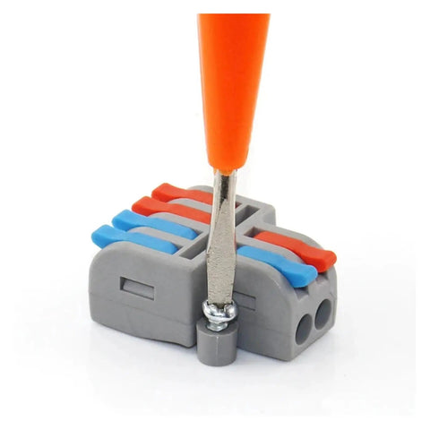 Get This Compact Mini Push In Wire Splitter Terminal Block For Easy Tool Free Splicing Of Solid Stranded And Flexible Copper Wires In Your Home Electrical Or Lighting Projects With Flame Retardant Pa66 Housing And Secure Tin Plated Contacts Rated For. mini push-in wire splitter terminal block with screwdriver on gray PA66 housing
