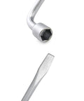 Close-up of dual head L-shaped socket on Rugged Tough As Nails Heavy Duty Tire Lug Wrench For Car Jack, 13/16 inch steel tool.