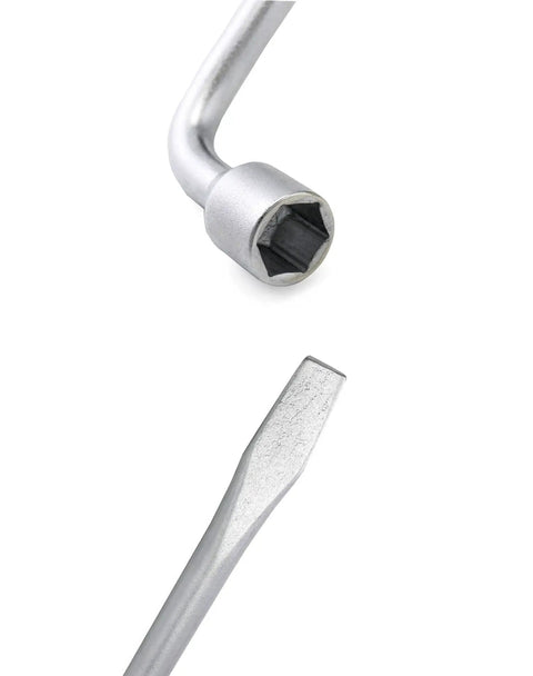 Close-up of dual head L-shaped socket on Rugged Tough As Nails Heavy Duty Tire Lug Wrench For Car Jack, 13/16 inch steel tool.