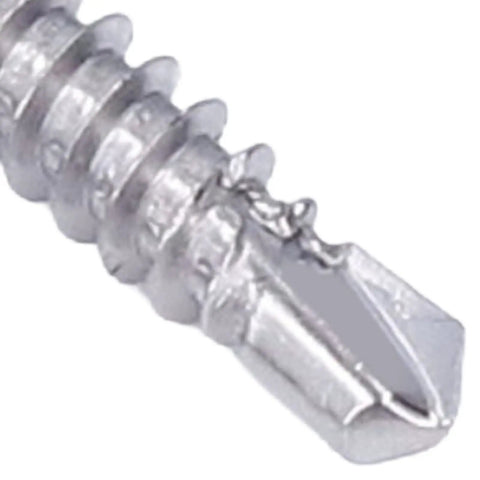 Close-up of All Purpose Stainless Steel Self Tapping Screws Kit Hex Self Drilling Screws 4.2x32mm and 4.8x32mm, shining tip.