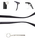 No Sweat TR90 Eyeglasses Replacement Arms Temple Repair Kit With Screws And Compact Screwdriver showing matte black TR90 temples and screwdriver.