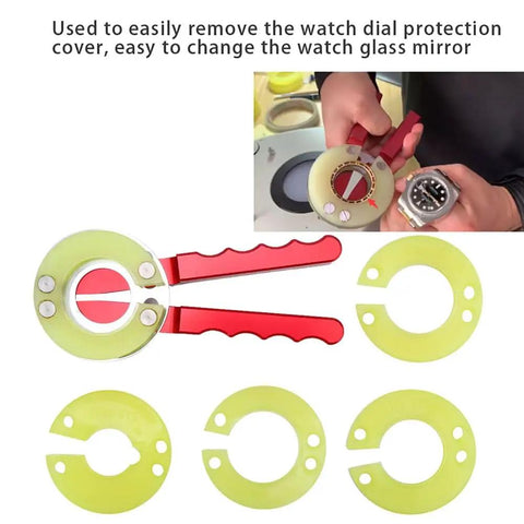 5 Piece Bezel Opener Tool Kit for Watches with precision gear ring opener displayed on a table with yellow rings