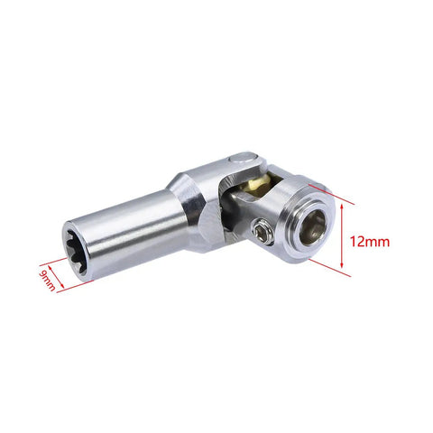 Stainless Steel Free To Cut Length Driveshaft With Universal Joint close-up, showing 9mm output shaft and 12mm U-joint dimensions.