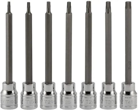 Extra Long Torx Star Bit Socket Set For 3/8 Inch Drive, 7-Piece T10 Through T40, 4-3/8 Inch Shank, Beefy Steel, High Torque Sockets