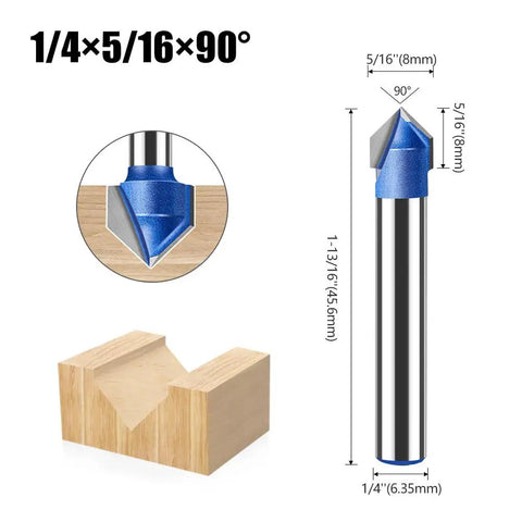 Get Your 6mm Carbide Tipped V Groove Router Bit For Smooth Cuts In Wood And Acrylic With Anti Kickback Safety Design Perfect For Solid Hardened Steel End Milling Projects, showing a 1/4" bit cutting a groove in wood.