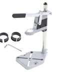 Universal Adjustable Bench Drill Stand Crafted With Slick Aluminum Alloy Plate For Rock Solid Hand Drill Clamping And Hella Smooth Workshop Precision Operation with clamping rings and Allen wrench.