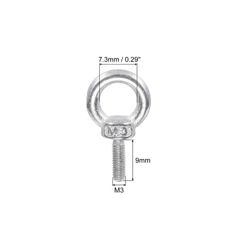 Premium Heavy Duty M3 x 9mm Lifting Shoulder Eye Bolt Set 304 Stainless Steel showing 7.3mm eye and 9mm threaded shaft.