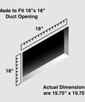 Diagram showing dimensions for Beefy Heavy Duty Steel Air Return Grille for 18 by 18 inch duct opening, actual size 19.75 by 19.75 inches.