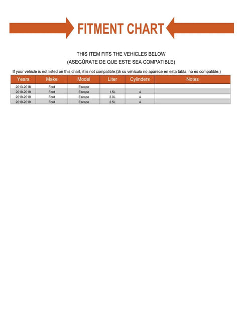 Compatibility chart for 2013-2019 Ford Escape models with Direct Fit Front Wheel Bearing Retaining Ring Kit details.