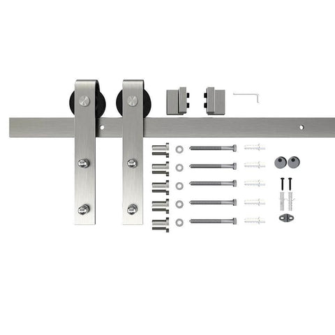 6 Ft Brushed Nickel Sliding Barn Door Hardware Kit With Smooth Quiet Hanger Rollers, Flat Track, J Shape Rollers, hardware set