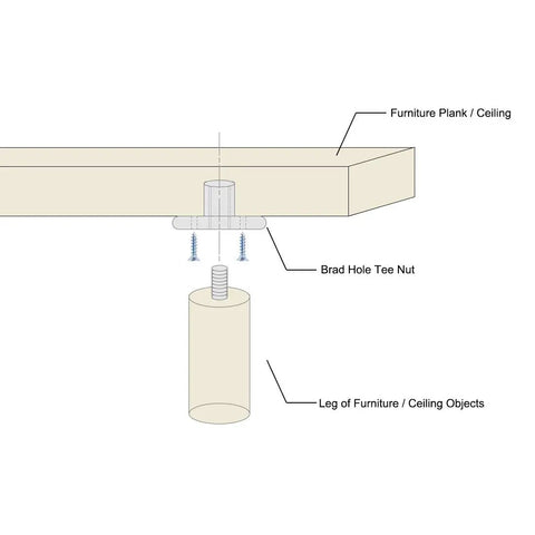M8 Brad Hole Tee Nuts Badass Heavy Duty Galvanized Carbon Steel Furniture Hardware connecting a plank and furniture leg