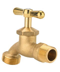 Heavy Duty Solid Brass Outdoor Garden Hose Faucet Featuring Half Inch Male Npt To Three Quarter Inch Mht Connection Smooth Multi Turn Shut Off Valve with handle.
