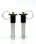Badass Stainless Steel Ball Lock Pins With No Sweat Quick Release Button Handle Rock Solid Indexing Plungers, shown from the front.