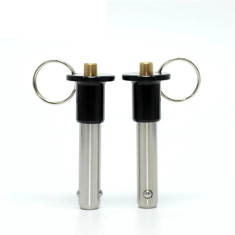 Badass Stainless Steel Ball Lock Pins With No Sweat Quick Release Button Handle Rock Solid Indexing Plungers, shown from the front.