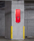 Three Pack White Surface Mounted Fire Extinguisher Cabinet With Red Pull Cover For Two Half Or Five Lb Fire Safety Locker mounted on concrete wall.