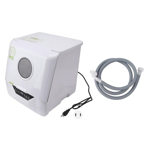Real Deal Portable Countertop Dishwasher With Foolproof Leak Seal For Dorms Apartments RV Offices Generous Tub Quick Rinse Dry Routine Multiple Options Built Damn Tough, with hose and power cord visible.