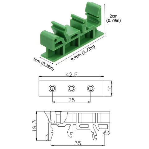 Green 20 Pack DIN Rail PCB Mount Bracket Clips for C45 Rail Fits 35mm and 15mm Wide Rails Easy Install and Detach Carrier Clips Panel Mount Ready System DIY Friendly, shown with detailed measurements in millimeters.