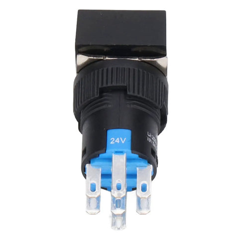 Thinking Process: 24V push button switch with black plastic body and metal terminals, front view