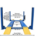 Commercial 4 Post Vehicle Alignment Lift With Heavy Duty Rotating Platforms And Secure Grip Flooring Designed For Daily Shop Use with dimensions.