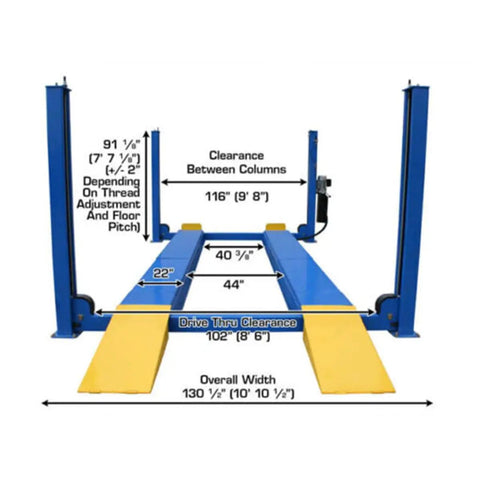 Commercial 4 Post Vehicle Alignment Lift With Heavy Duty Rotating Platforms And Secure Grip Flooring Designed For Daily Shop Use with dimensions.