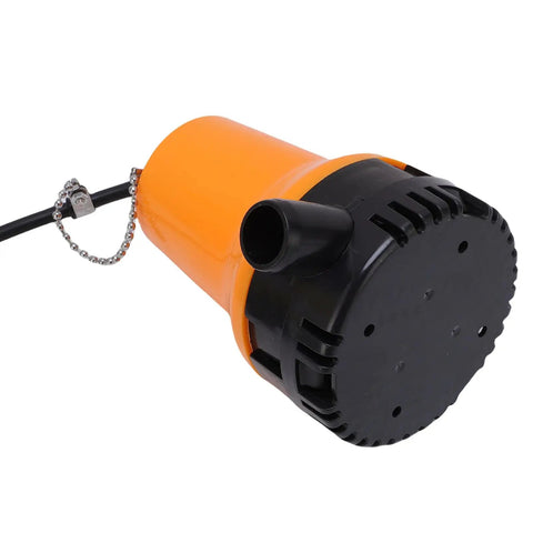 Heavy Duty Portable Submersible Utility Pump 1110 GPH Fast Water Drainage Plug And Play Workhorse For Boats Fish Ponds Yard Flooding Lightweight Copper Motor High Volume Orange, top view of pump with black base.