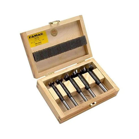 Hella Sharp Five Piece Forstner Drill Bit Set Covers 5 8 To 1 3 8 Inches in a wooden crate for clean holes in wood and plastic.