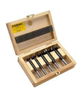 Hella Sharp Five Piece Forstner Drill Bit Set Covers 5 8 To 1 3 8 Inches in wooden crate for precise woodworking tasks.