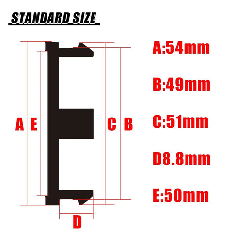Standard size diagram showing dimensions A:54mm, B:49mm, C:51mm, D:8.8mm, E:50mm in a clear layout.